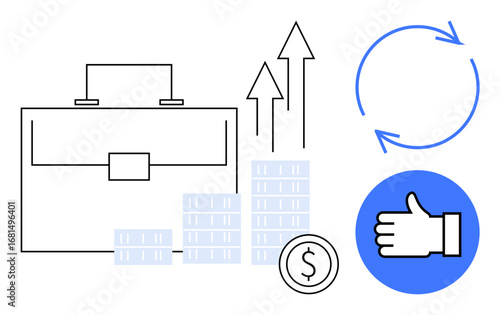 Portfolio with upward arrows, stacked coins, dollar sign, circular refresh arrow, and thumbs-up. Ideal for business success, investment strategies, financial growth, customer feedback profitability