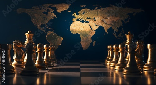 Global Chess Strategy: Golden Chess Pieces on a World Map Background