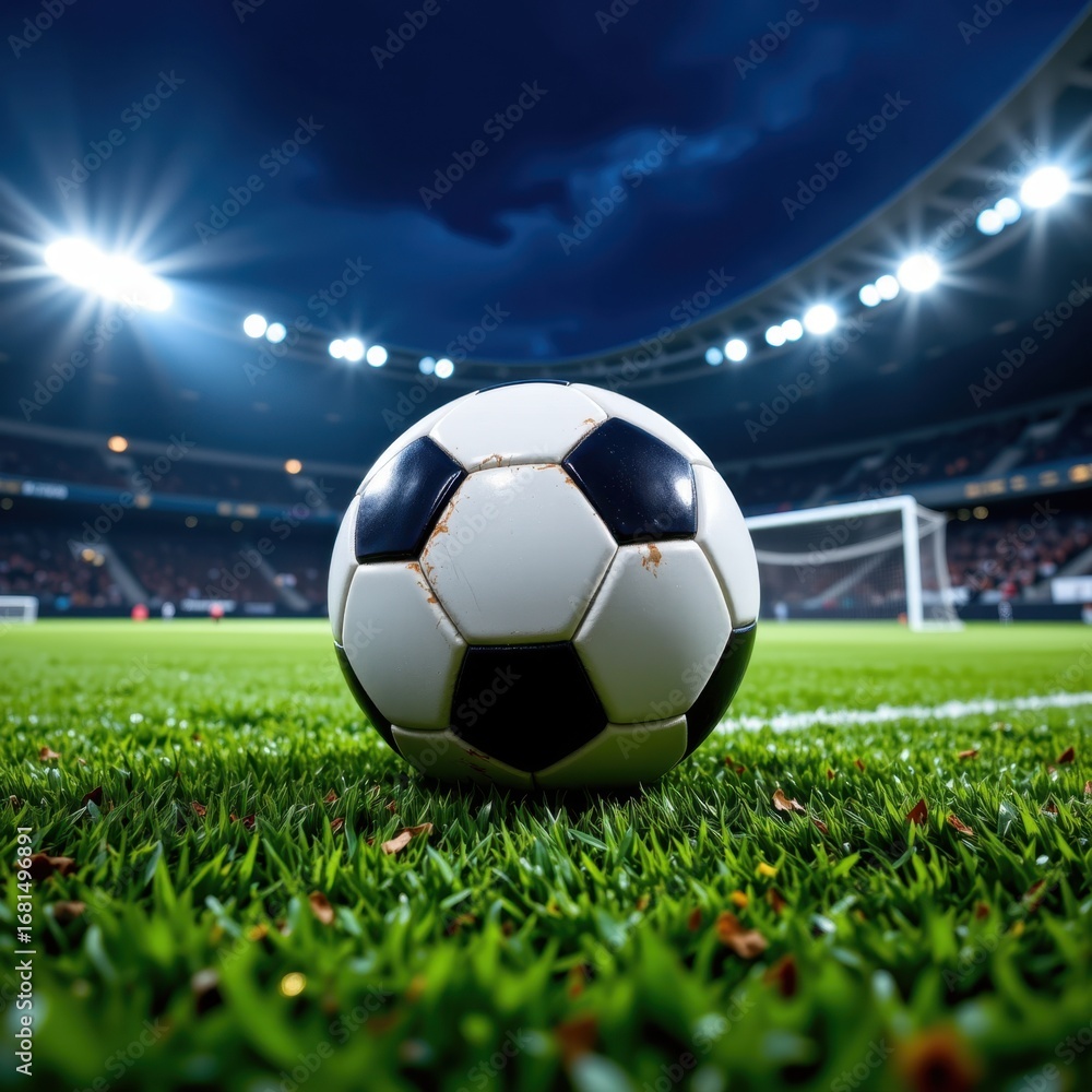 Fototapeta premium Close-Up View of a Classic Black and White Soccer Ball on a Well-Maintained Green Grass Field in a Large Stadium with Bright Lighting and Dark Sky