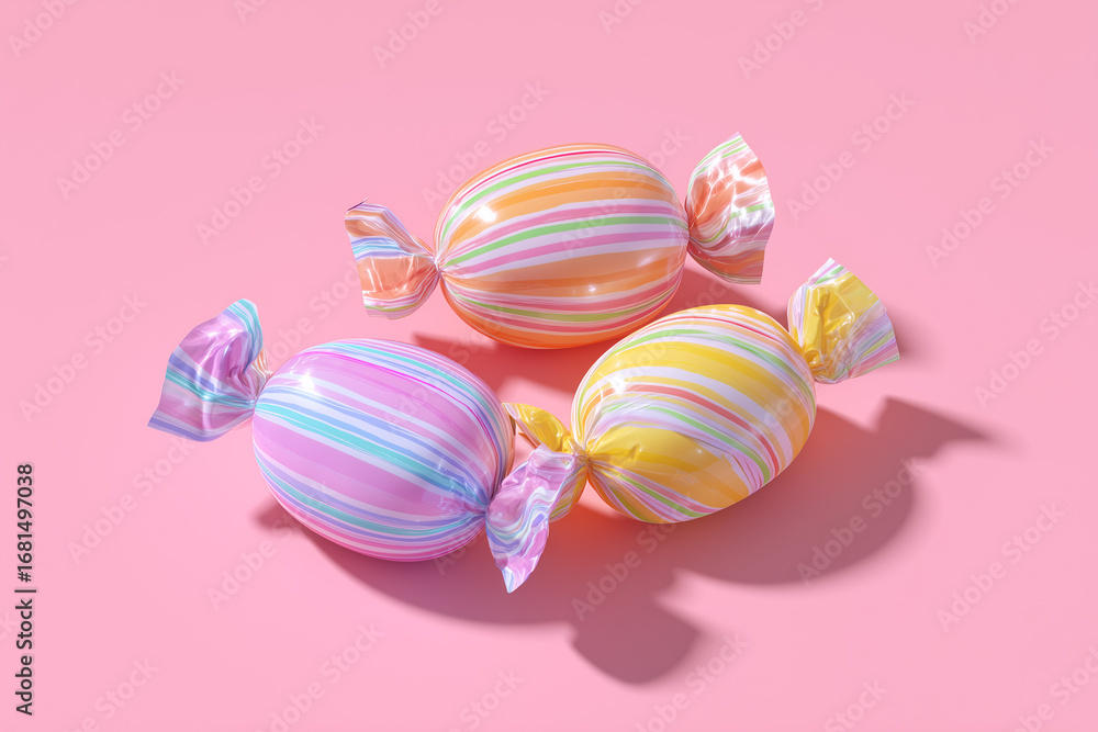 Obraz premium Colorful striped candies wrapped in plastic on a pink background.