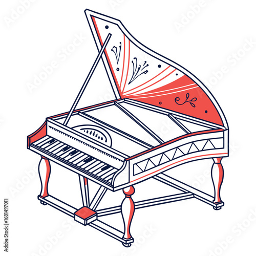 Vector art of a stylized illustration of a grand piano with intricate decorative details in red and blue, isolated on white background