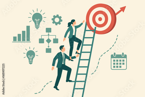 Business growth concept with professionals climbing ladder towards target and success icons