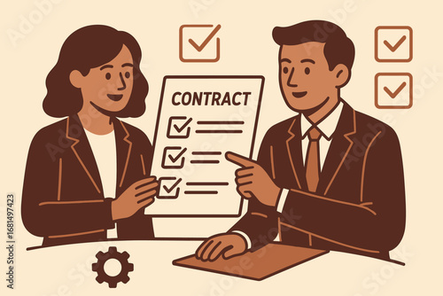 Business professionals discussing contract details in flat style