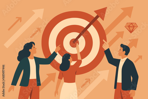 Team aiming at central target with upward arrows in minimalist style