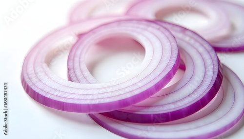 Close-up of fresh onion slice rings isolated on a clean white background, studio lighting, sharp focus, showcasing the intricate layers and textures.