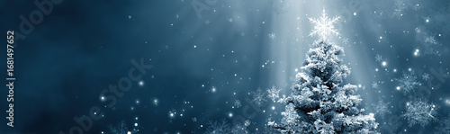Snow-covered Christmas tree - Deep blue background with falling snowflakes - Winter holiday concept