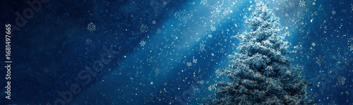 Snow-covered Christmas tree - Deep blue background with falling snowflakes - Winter holiday concept