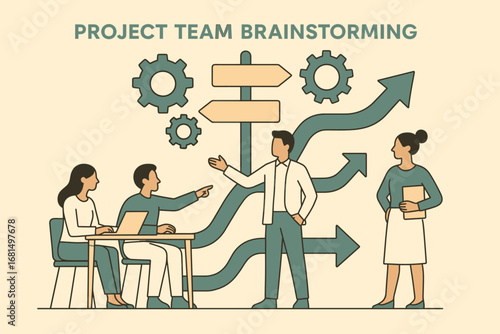 Team collaboration and strategy development concept with arrows and gears