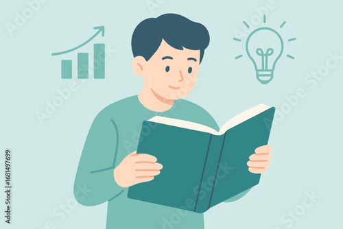 Boy reading book with ideas and growth chart in minimalist style