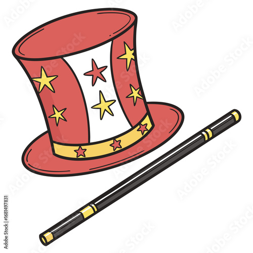 Vector art of a red magicians top hat with yellow stars and a black magic wand with gold accents, isolated on a, symbolizing illusion and performance
