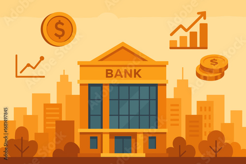 Flat style bank building with business and finance symbols against cityscape