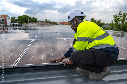African black solar roof engineer in safety uniform working on photovoltaic panel roof