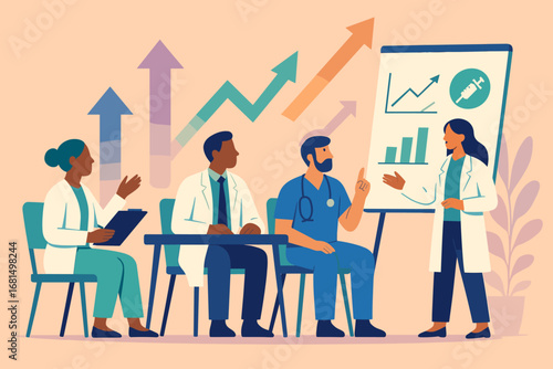 Diverse team of medical professionals analyzing growth charts and data in a meeting room