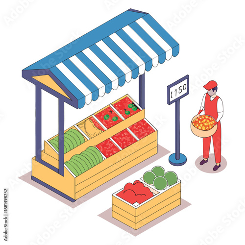 Vector art of isometric illustration of a fruit and vegetable stall with a vendor holding a basket of produce, showcasing fresh food for sale at a market stand