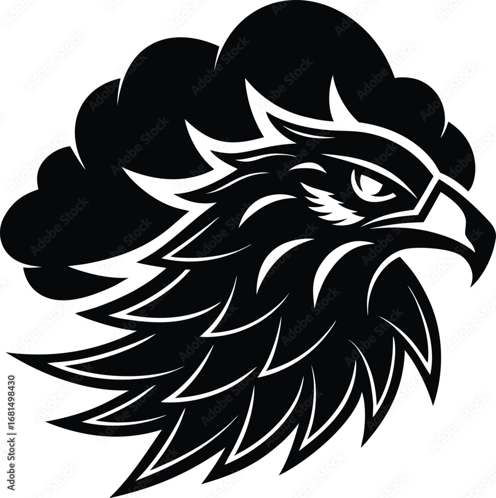 Obraz premium Vector art of stylized black and white graphic of an eagles head with sharp, angular features and a cloudlike silhouette behind it, isolated on a