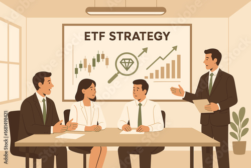 Business meeting discussing etf strategy with financial charts in office