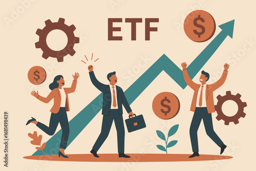 Etf growth concept with business people and financial symbols