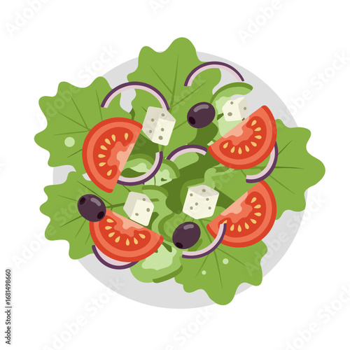 Top view of a fresh Greek salad icon in a vibrant color palette with minimal flat design