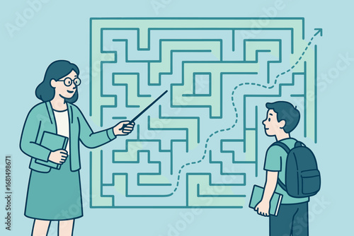 Teacher guiding student through puzzle maze in linear style classroom