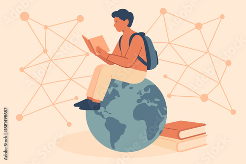 Global learning: student reading on world globe with network connections