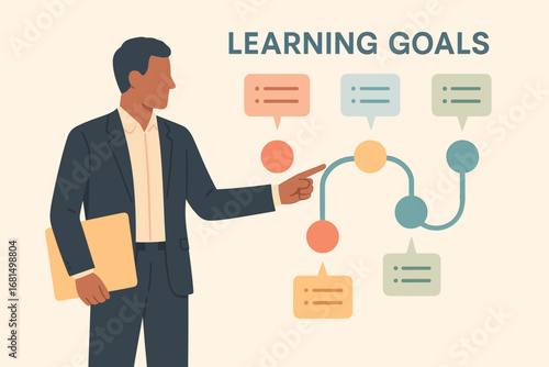 Businessman presenting learning goals with flowchart design