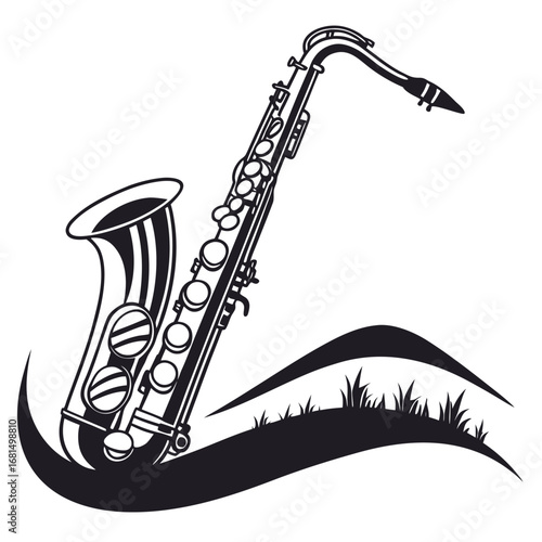 Vector art of black and white illustration of a saxophone with grass and wavy lines