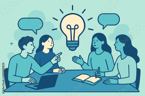 Creative team collaboration and idea generation in modern flat design