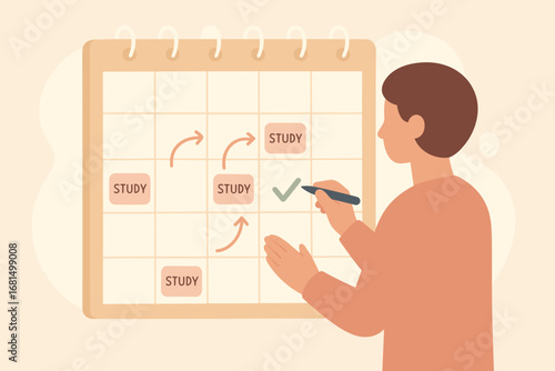 Person planning study sessions on calendar with checkmark