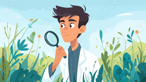 Child studying plants with magnifying glass outdoors