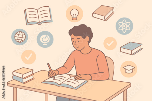 Student studying with educational icons in soft pastel cartoon style