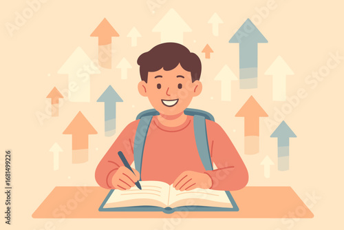 Happy student writing at desk with backpack and positive arrow background