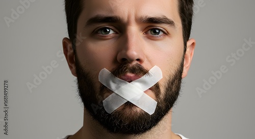 Man with Beard and Tape Covering Mouth - Silence and Censorship Concept