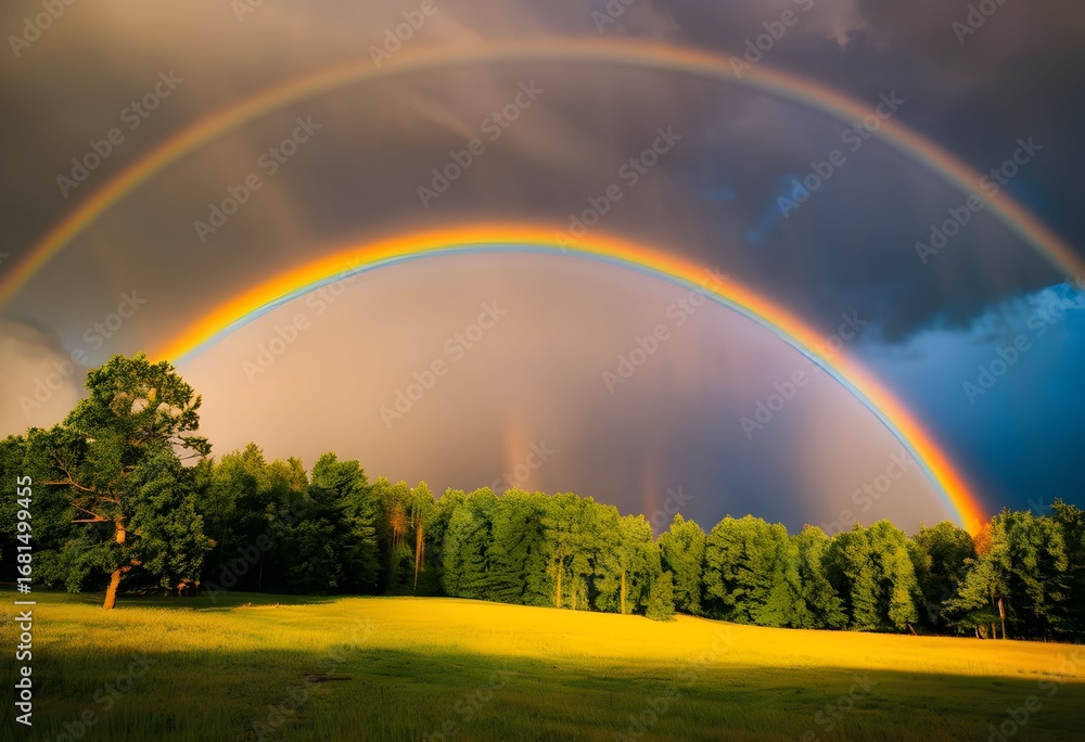 Naklejka premium Majestic Double Rainbow Arching Over Vibrant Green Landscape