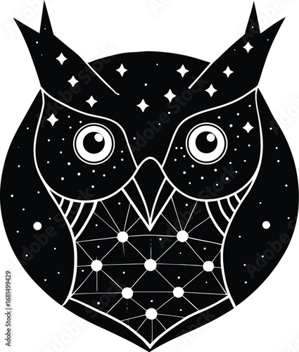 Vector art of stylized black and white owl illustration with celestial starry night pattern and geometric accents, representing nocturnal magic and cosmic connection