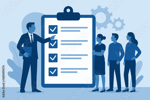 Business team reviewing checklist with leader explaining plans