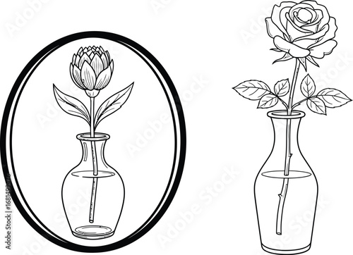 Line art flowers in vases drawing floral design illustration