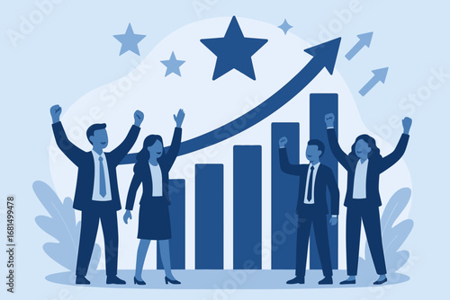 Business success: team celebrating growth with rising graph and star
