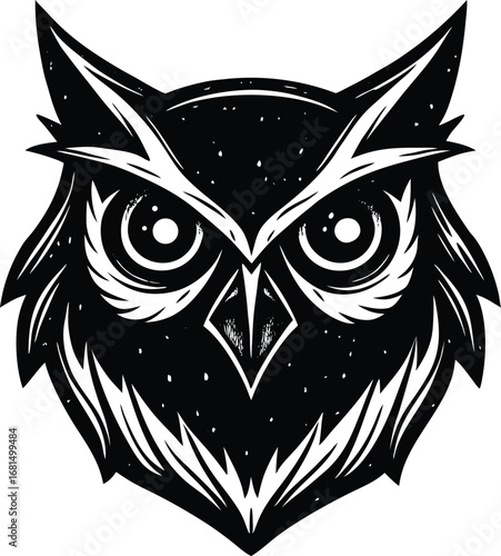 Vector art of bold black and white illustration of an owls face with textured linework and a starry background effect, conveying intensity and nocturnal presence