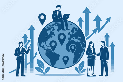 Global business growth concept with people and location markers in flat design