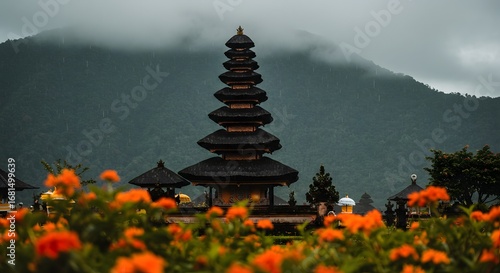 Misty Mountain Temple in Bali with Orange Flowers