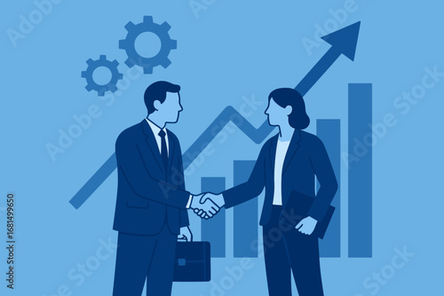 Business growth collaboration with professional handshake and rising arrow graph