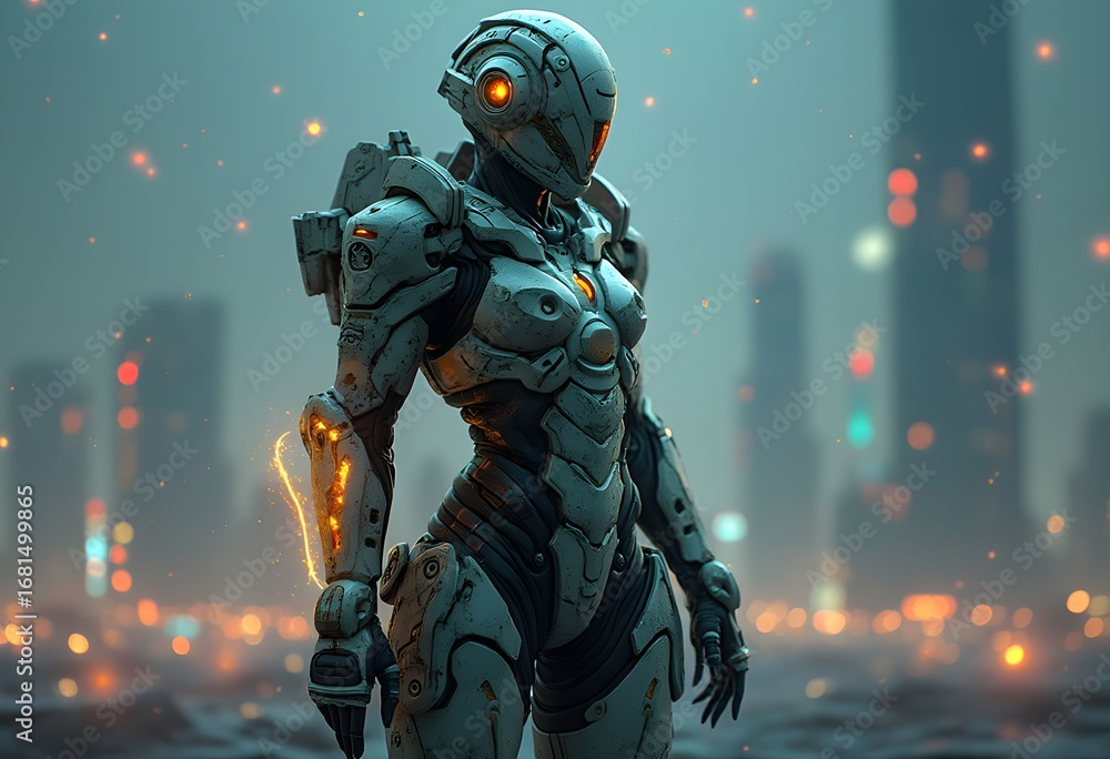 Fototapeta premium Futuristic Female Robot Warrior in Cyberpunk Cityscape at Night