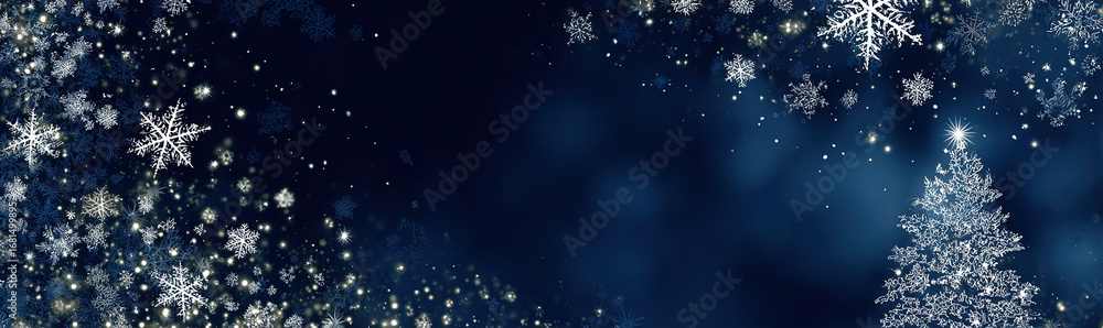 Obraz premium Snow-covered Christmas tree - Deep blue background with falling snowflakes - Winter holiday concept