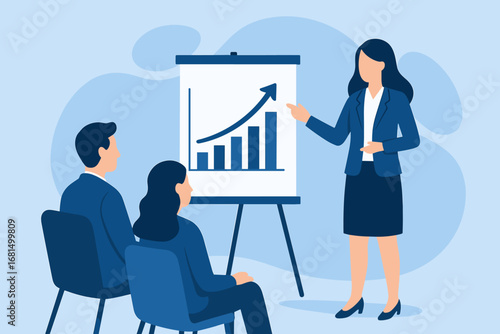 Business presentation with colleagues discussing growth strategy in flat design style