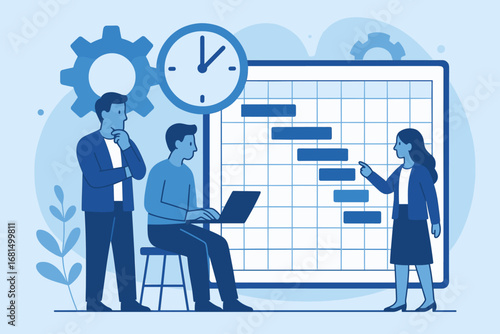 Project management meeting with gantt chart and team discussion in blue tones