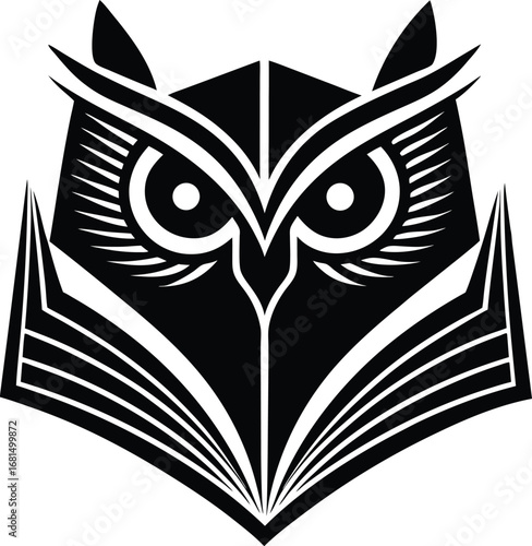 Vector art of geometric black and white vector art of an owls face emerging from an open book, symbolizing wisdom and knowledge
