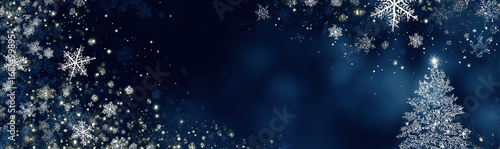 Snow-covered Christmas tree - Deep blue background with falling snowflakes - Winter holiday concept