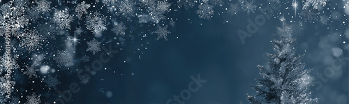 Snow-covered Christmas tree - Deep blue background with falling snowflakes - Winter holiday concept