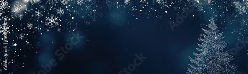 Snow-covered Christmas tree - Deep blue background with falling snowflakes - Winter holiday concept