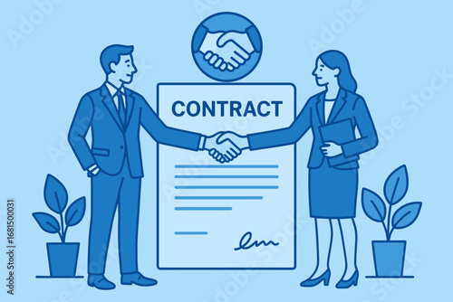 Business partnership agreement concept with professionals shaking hands in a linear blue style